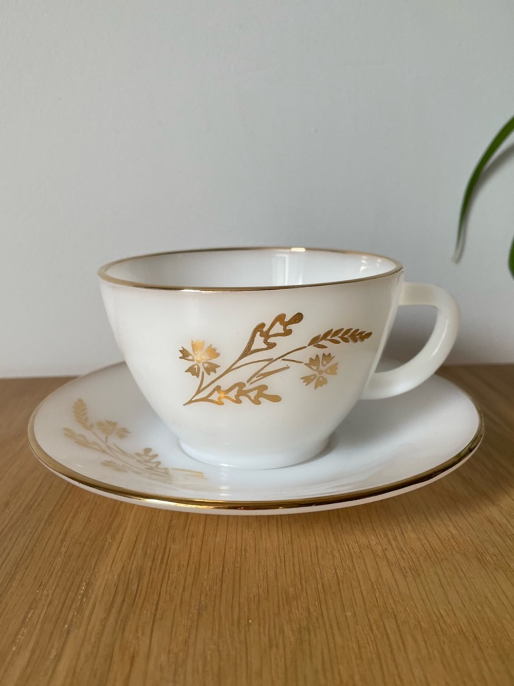 Vintage Federal Glass 22K Meadow Gold Cup and Saucer Milk Glass 1960s